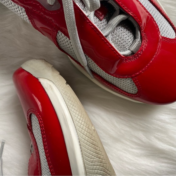 Prada America’s Cup Red Patent Leather & Silver Mesh Lace-Up Men’s Sneakers - Picture 13 of 16